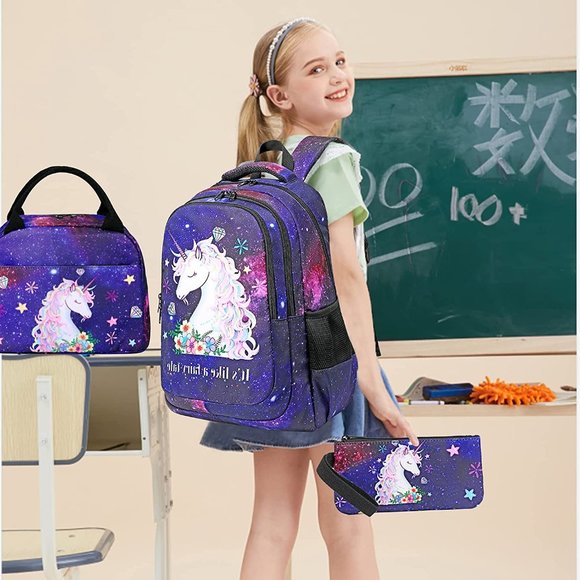 New Girls Backpack Kids Elementary Bookbag Girly School Bag with Insulated Lunch